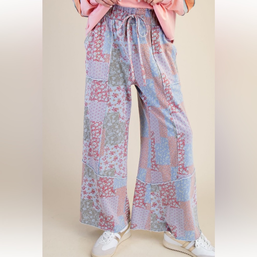 Easel Patchwork Print Wide-Leg Pants - Blue Multi